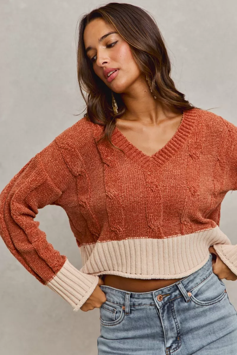 Chenille Cable Knit V Neck Contrast Cropped Sweater, image 4