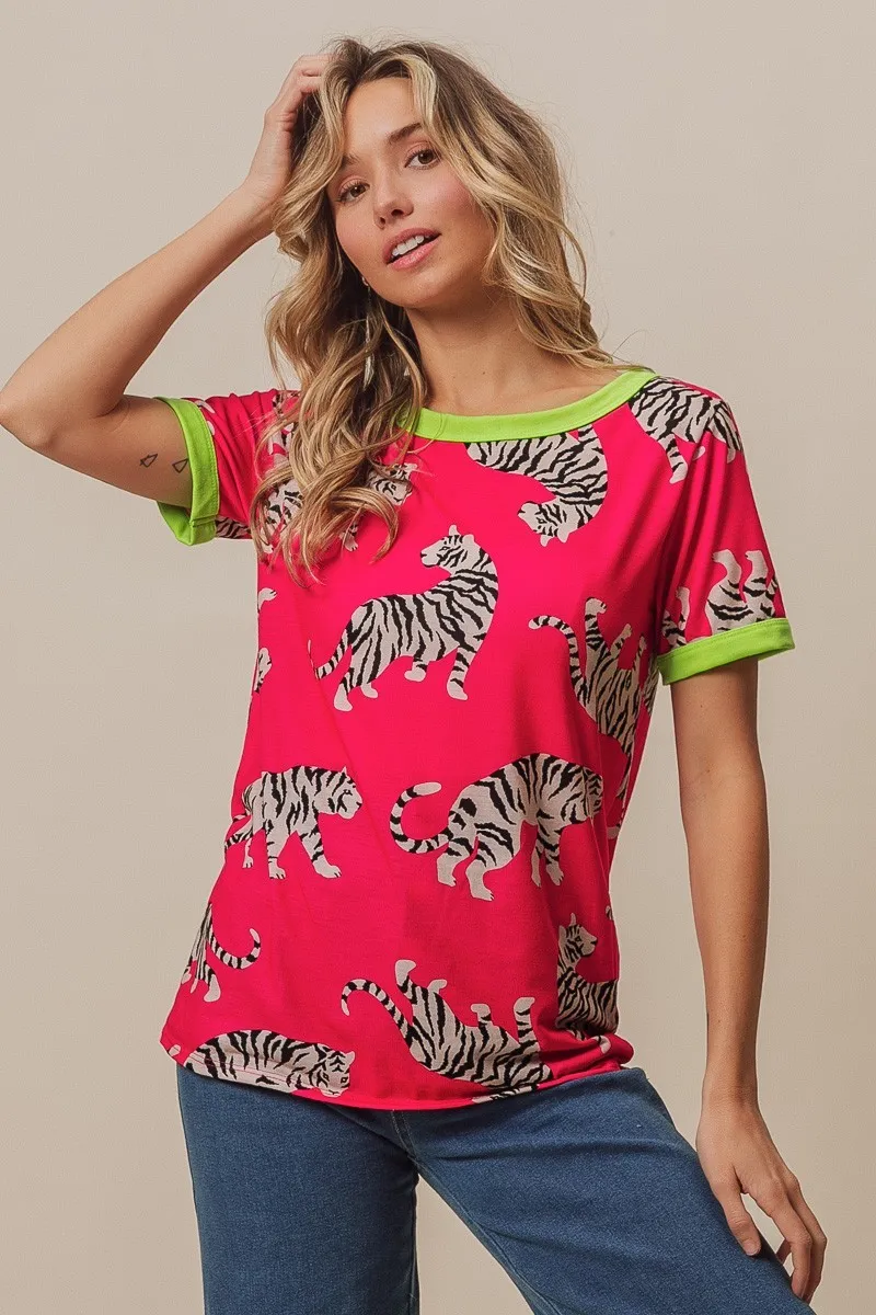 BiBi Big Tiger Print Jersey Contrast Ringer Top, image 13