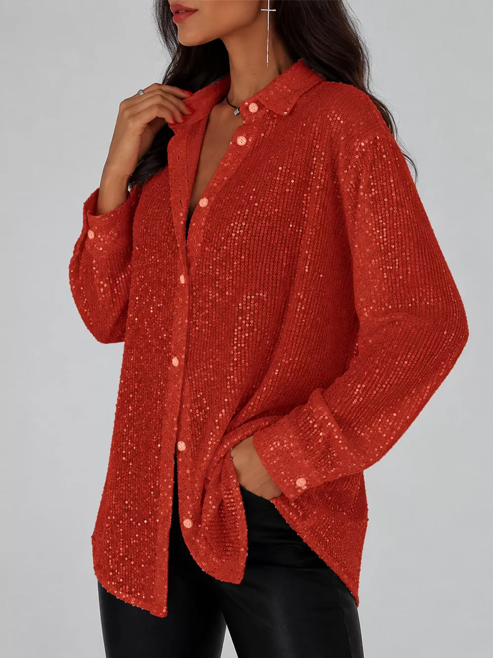 Full Size Sequin Button-Down Shirt Plus Size, image 22
