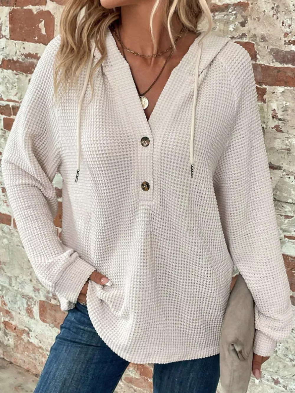 Full Size Waffle Knit Button Detail Hoodie Plus Size, image 10