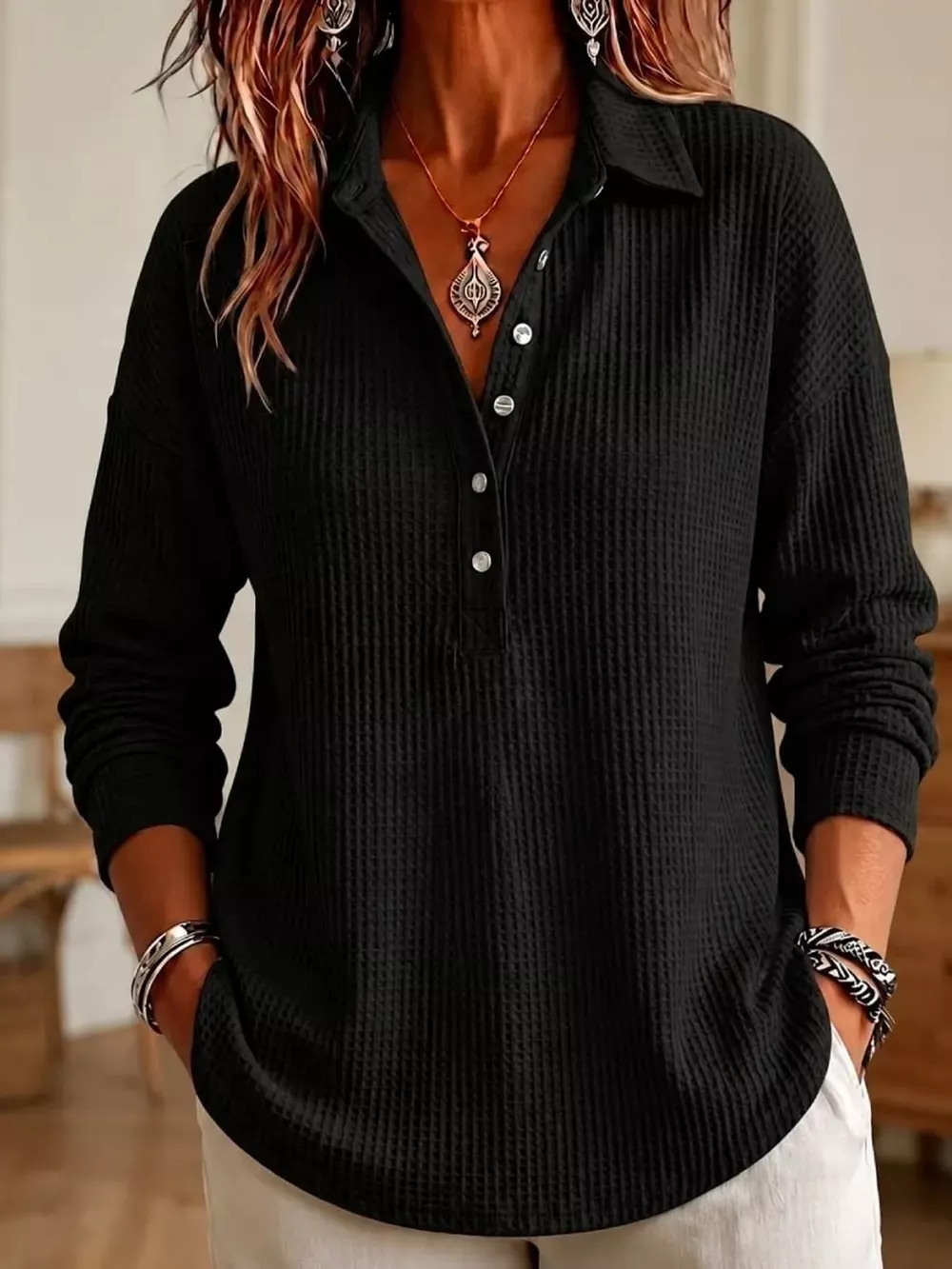 Full Size Waffle Knit Button Detail Top Plus Size, image 11