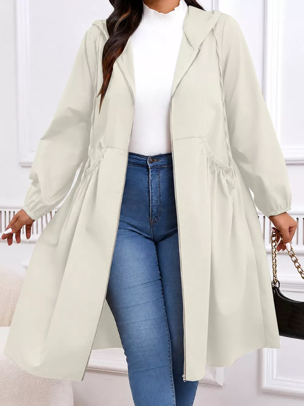 Plus Size Hooded Zip-Up Longline Windbreaker Outerwear, image 19
