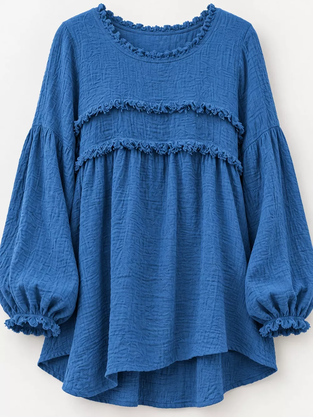 Full Size Boho Chic Textured Frayed Trim Peplum Blouse Plus Size, image 14
