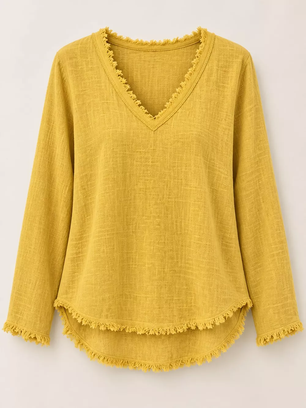 Full Size Frayed Hem V-Neck Long Sleeve Blouse Plus Size, image 34