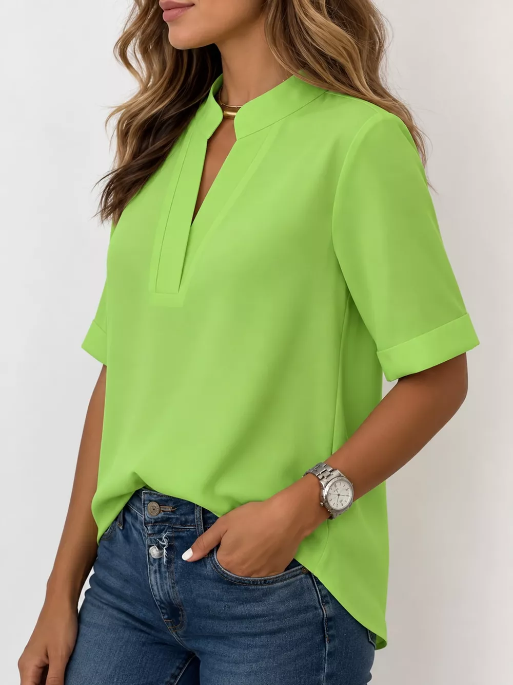 Full Size Notched Short Sleeve Blouse Plus Size, image 23