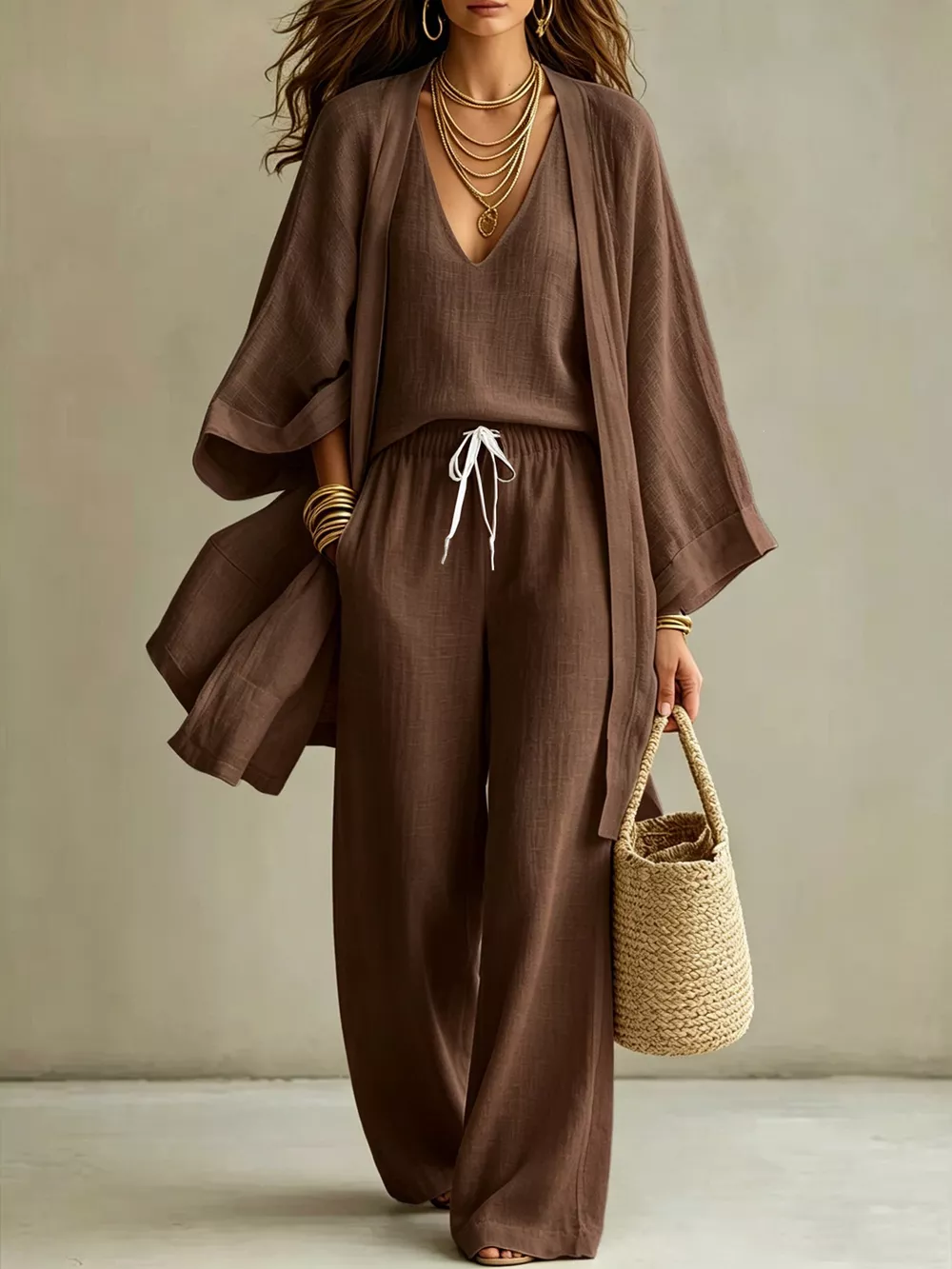 V-Neck Top & Cardigan & Pants Three-Piece Set, image 8