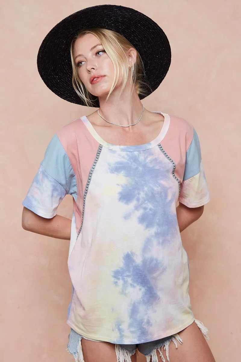Tie Dye Printed Cotton Color Block T-Shirt, image 3