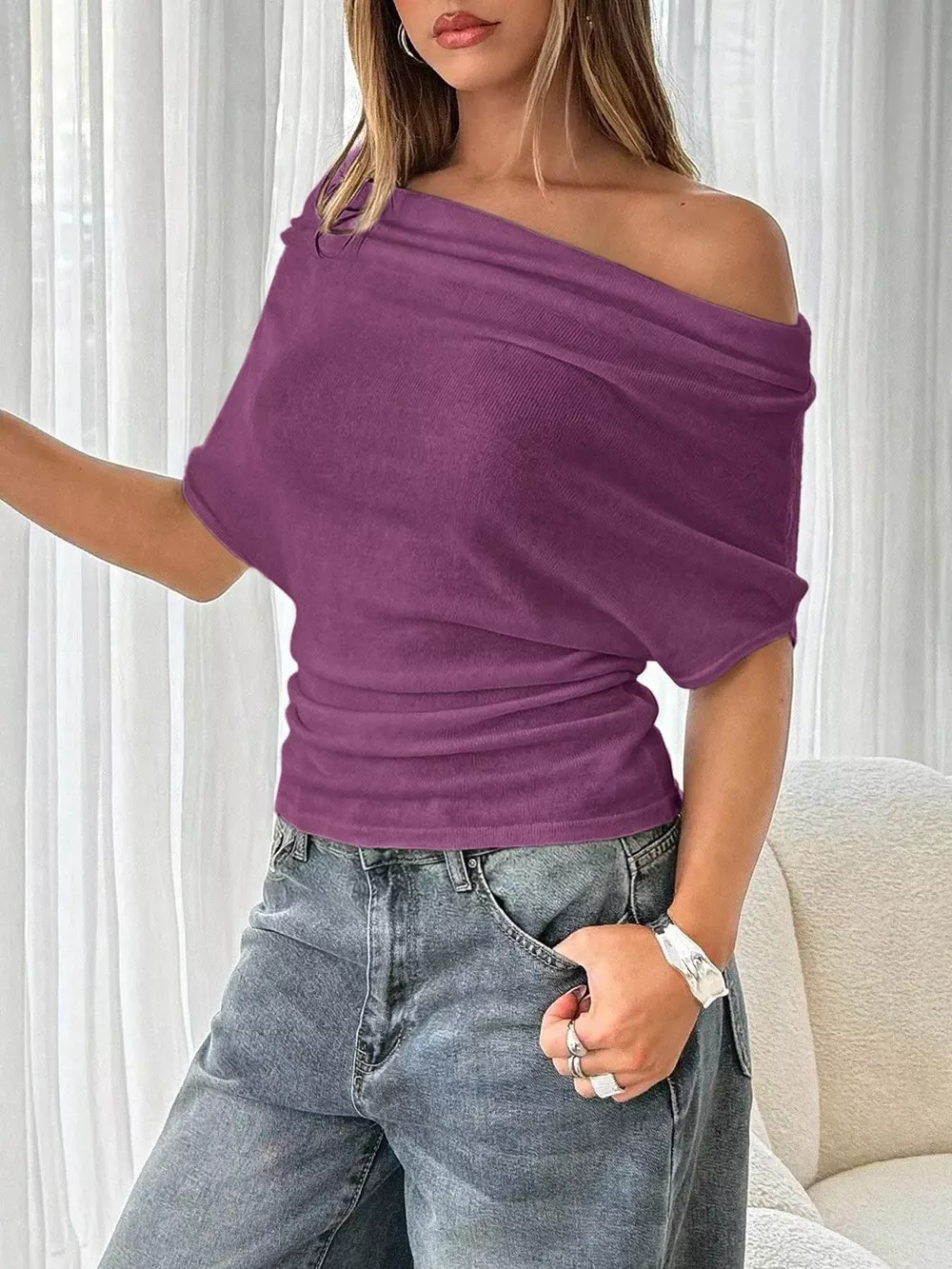 Off-Shoulder Ruched Knit T-Shirt, image 23