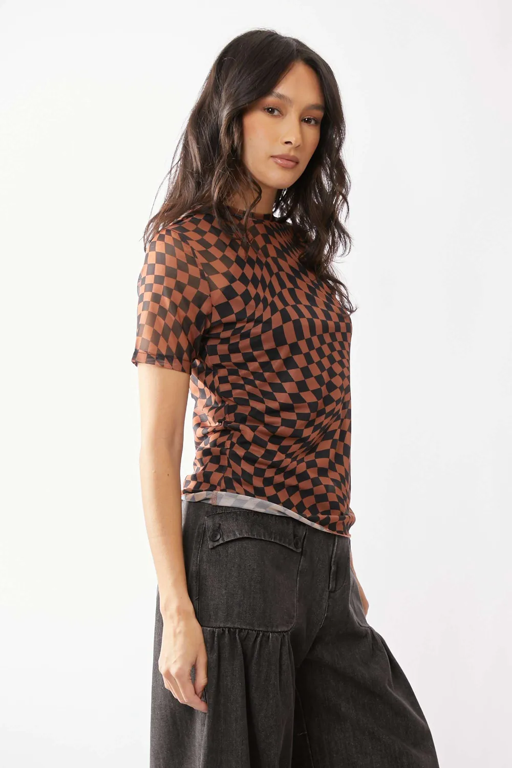 Checker Board Printed Mesh Short Sleeve Top, image 3