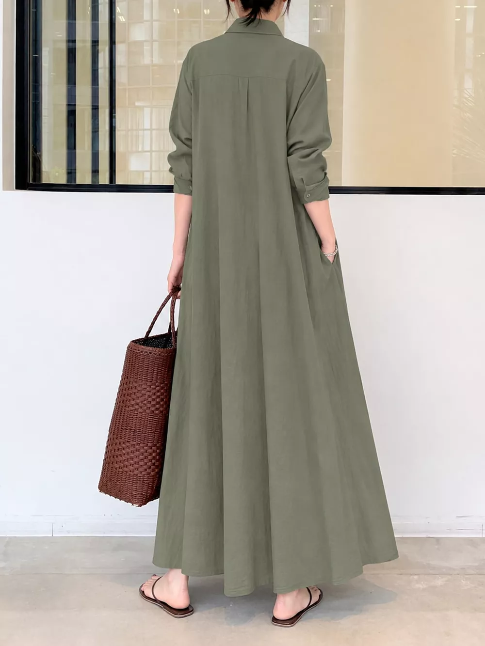 Full Size Button Front Long Sleeve Maxi Shirt Dress Plus Size, image 50