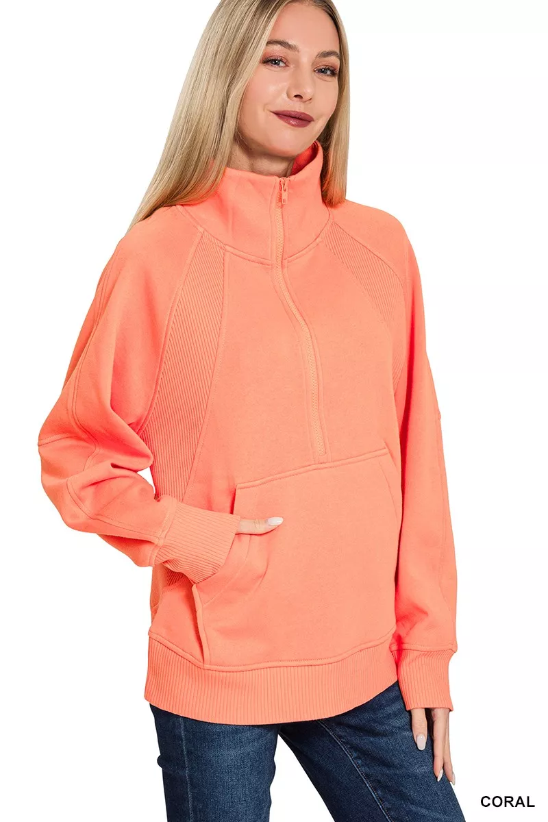Half Zip Fleece Sweatshirt with kangaroo Pocket, image 2