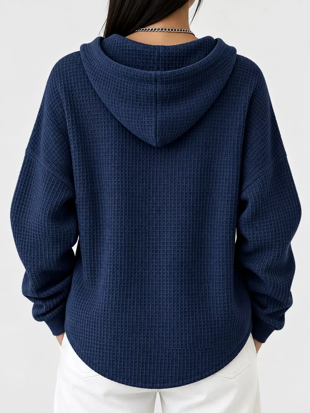 Full Size Waffle Knit Button Detail Hoodie Plus Size, image 37