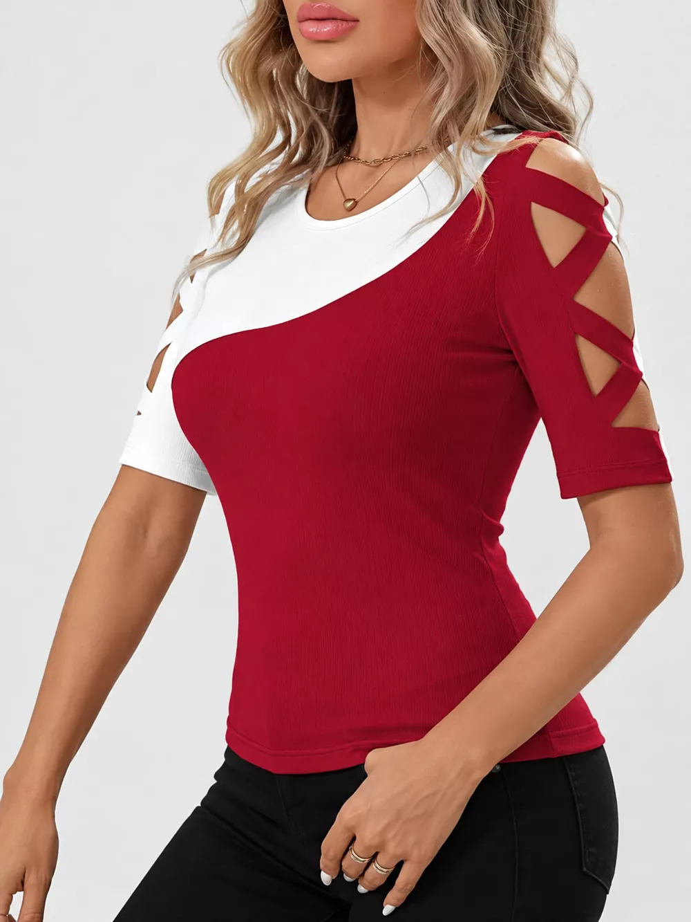 Plus Size Color Block Cutout Sleeve T-Shirt, image 13