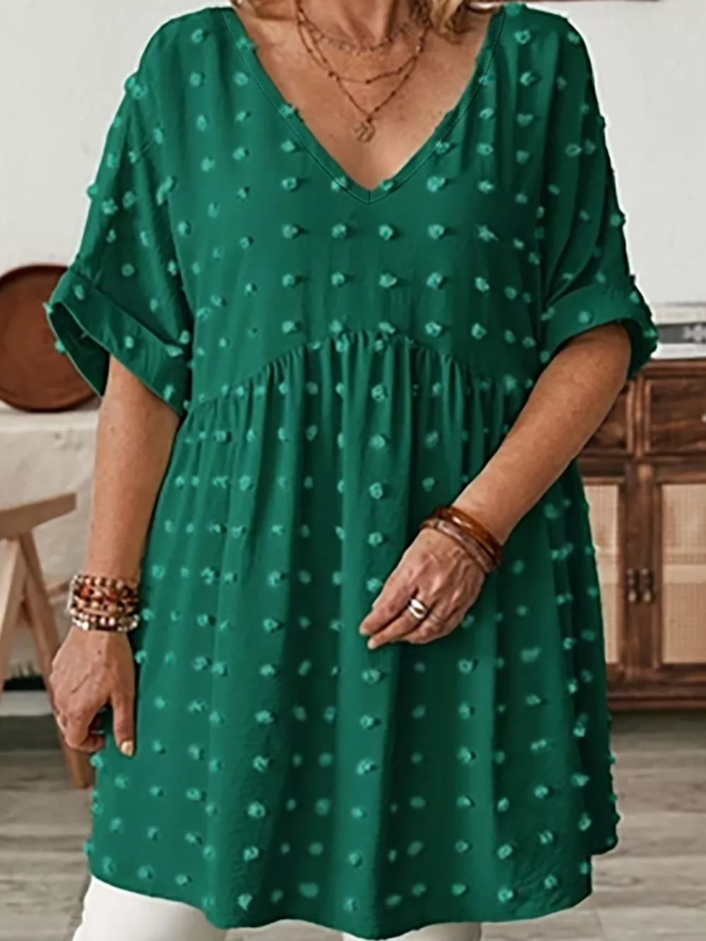 Plus Size Swiss Dot V-Neck Casual Blouse, image 44