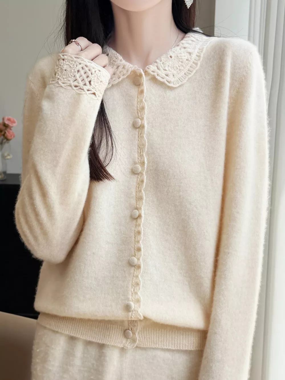Lace-Collar Button Down Knit Cardigan, image 6