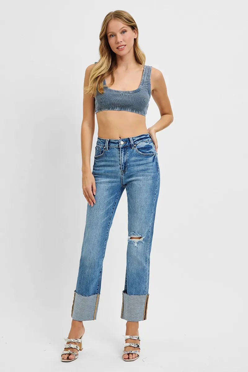 Full Size High Rise Ankle Straight Wide Cuffed Jeans Plus Size, image 5