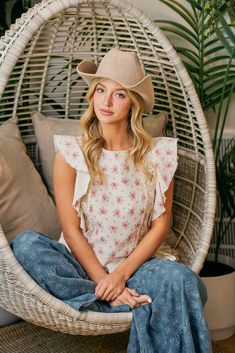 BiBi Flower Printed Ruffle Sleeve Trim Detail Top, image 18