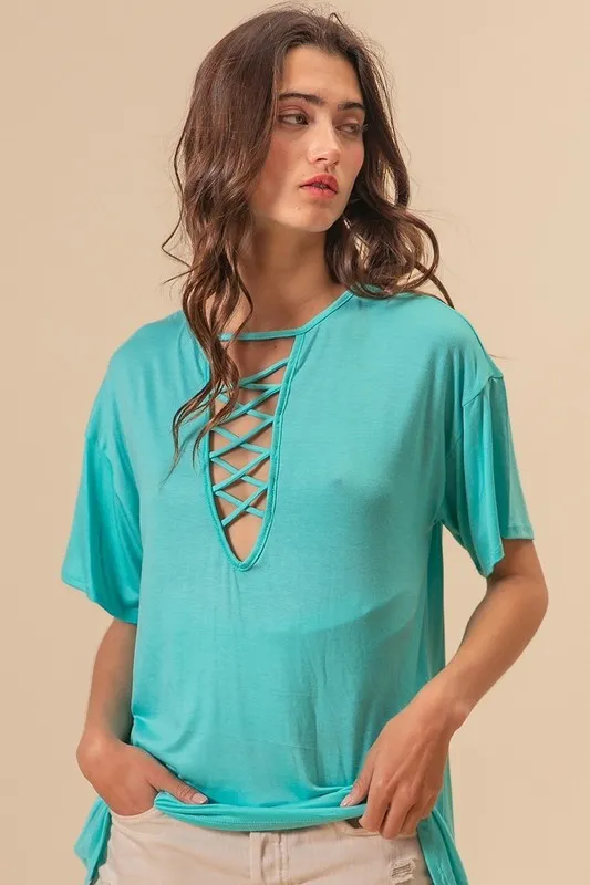 Jersey Knit Top with Criss Cross Front Neck Detail