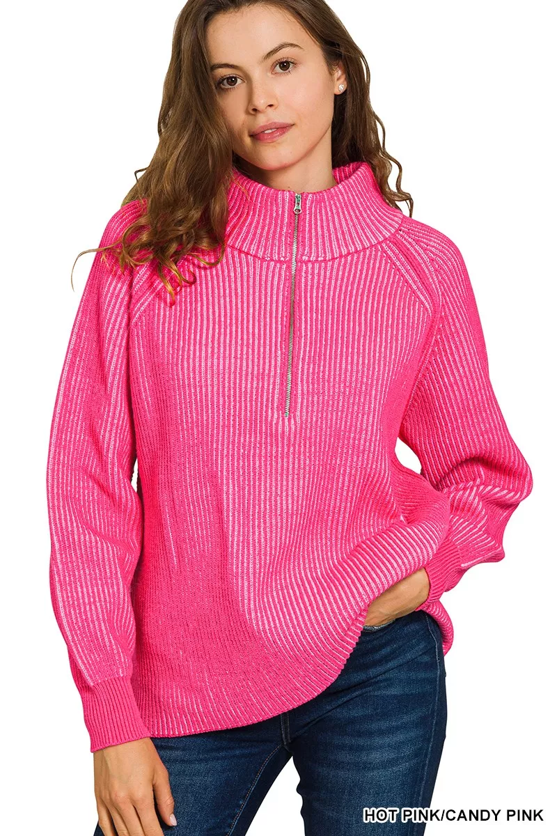 Ribbed Two Tone Half Zip Sweater, image 2