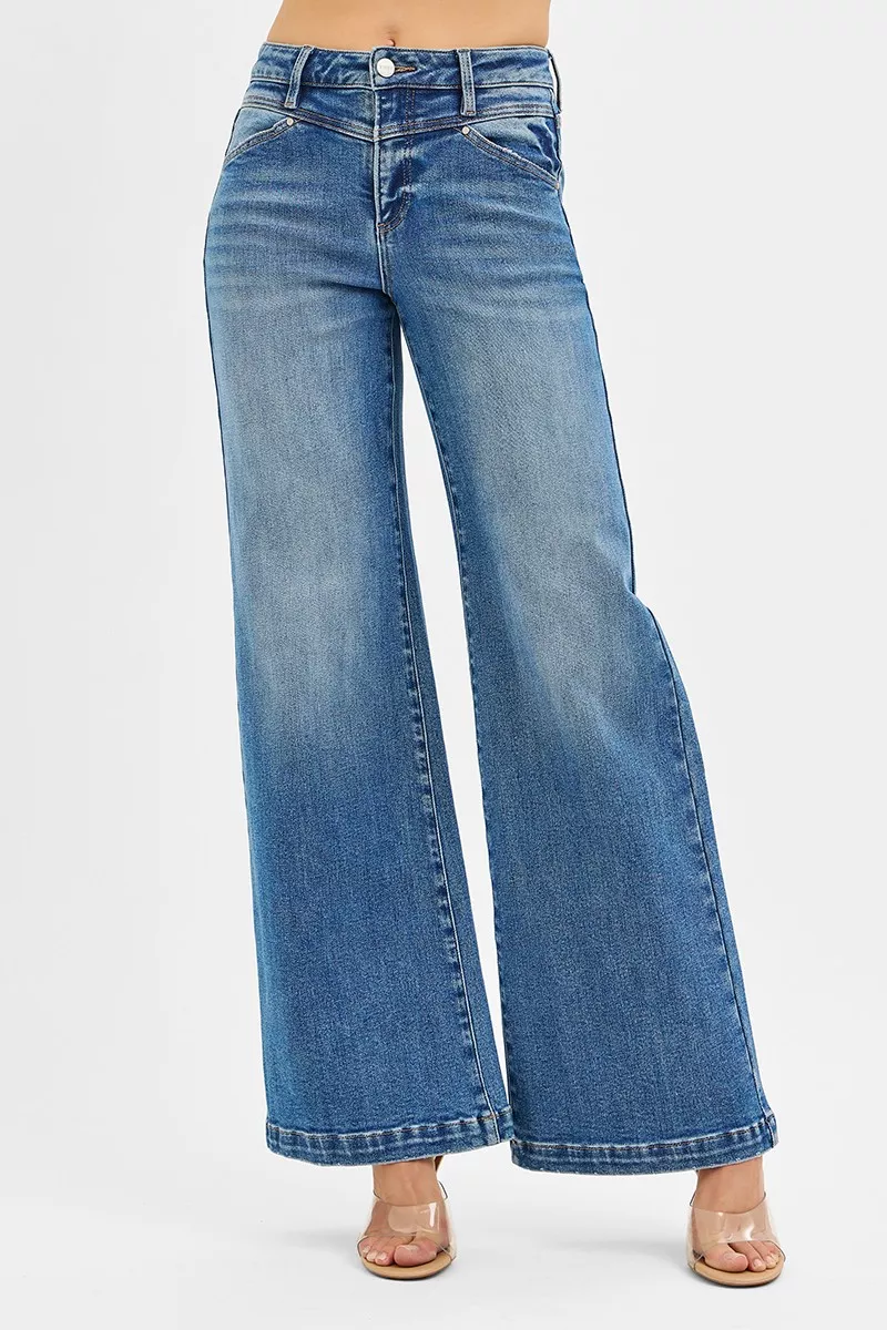 High Rise Wide Leg Jenas with Front Yoke and Heart Back Pocket, image 6