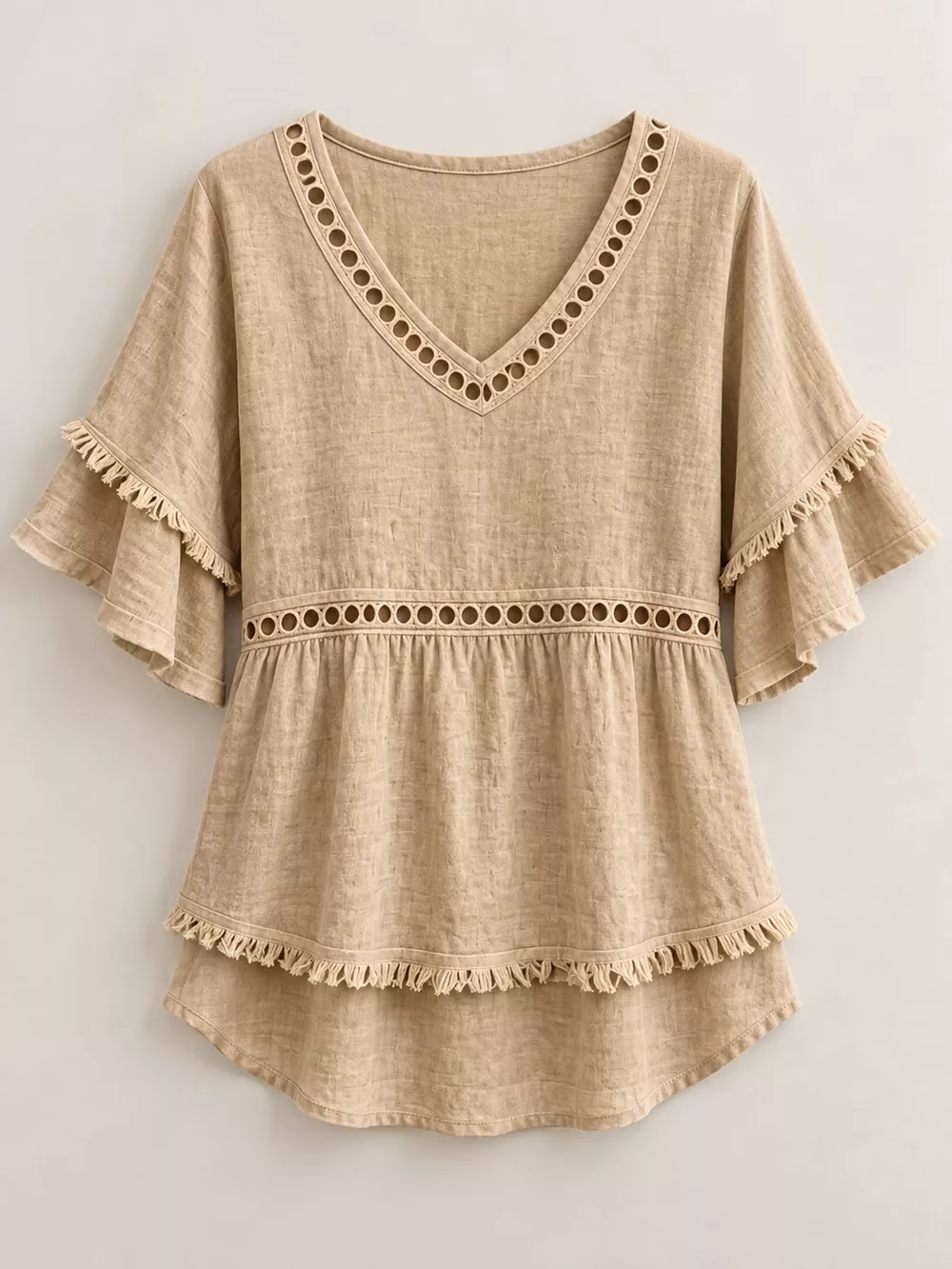 Full Size Frayed Hem V-Neck Blouse Plus Size, image 4