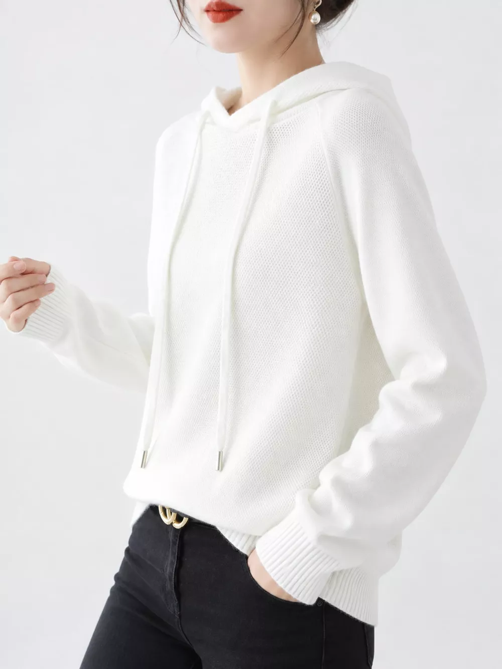 Drawstring Long Sleeve Hooded Knit Sweater, image 46