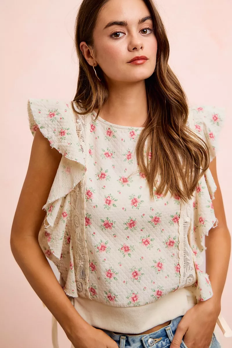 BiBi Flower Printed Ruffle Sleeve Trim Detail Top, image 43