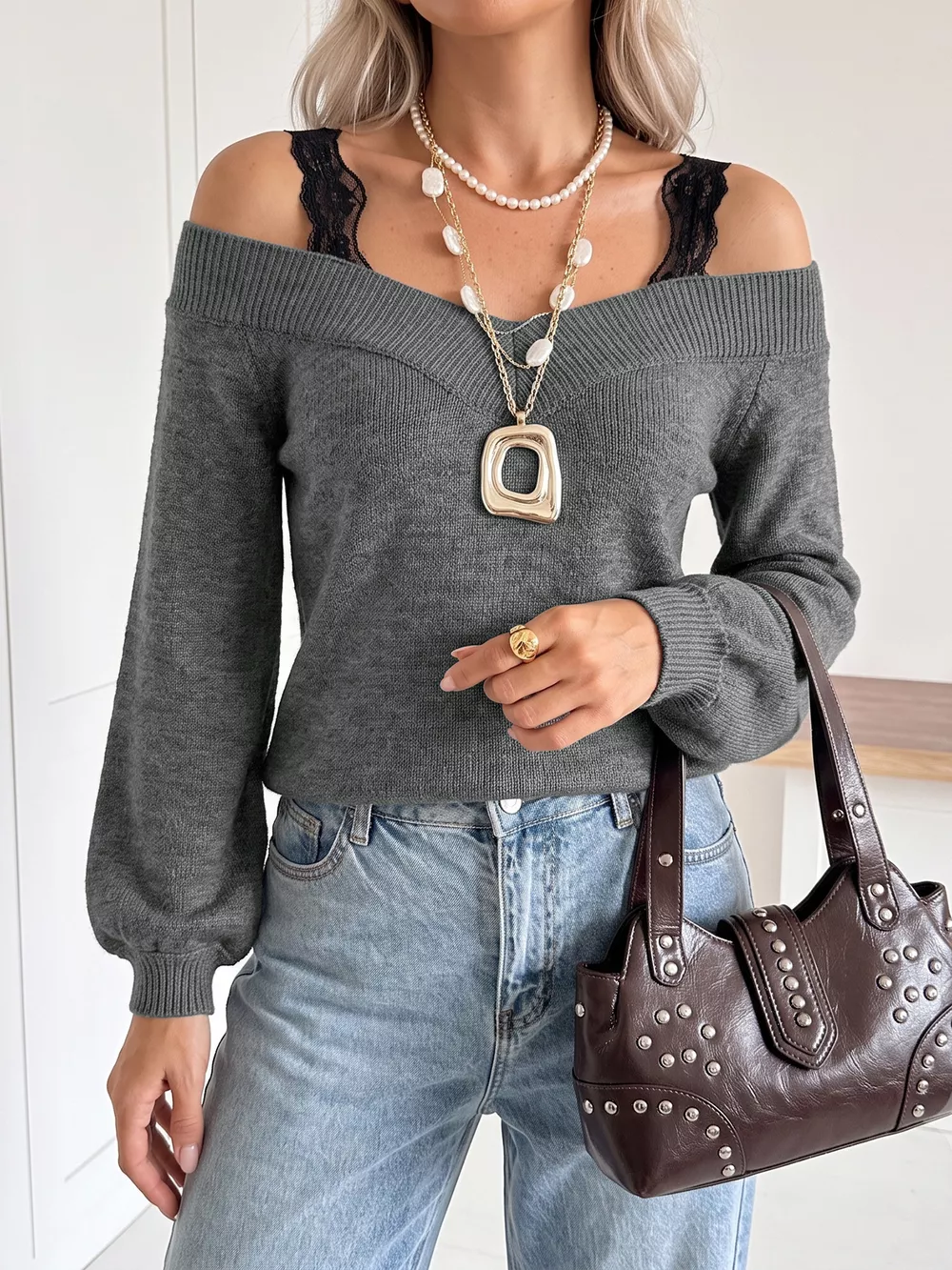 Off-Shoulder Lace Trim Sweater