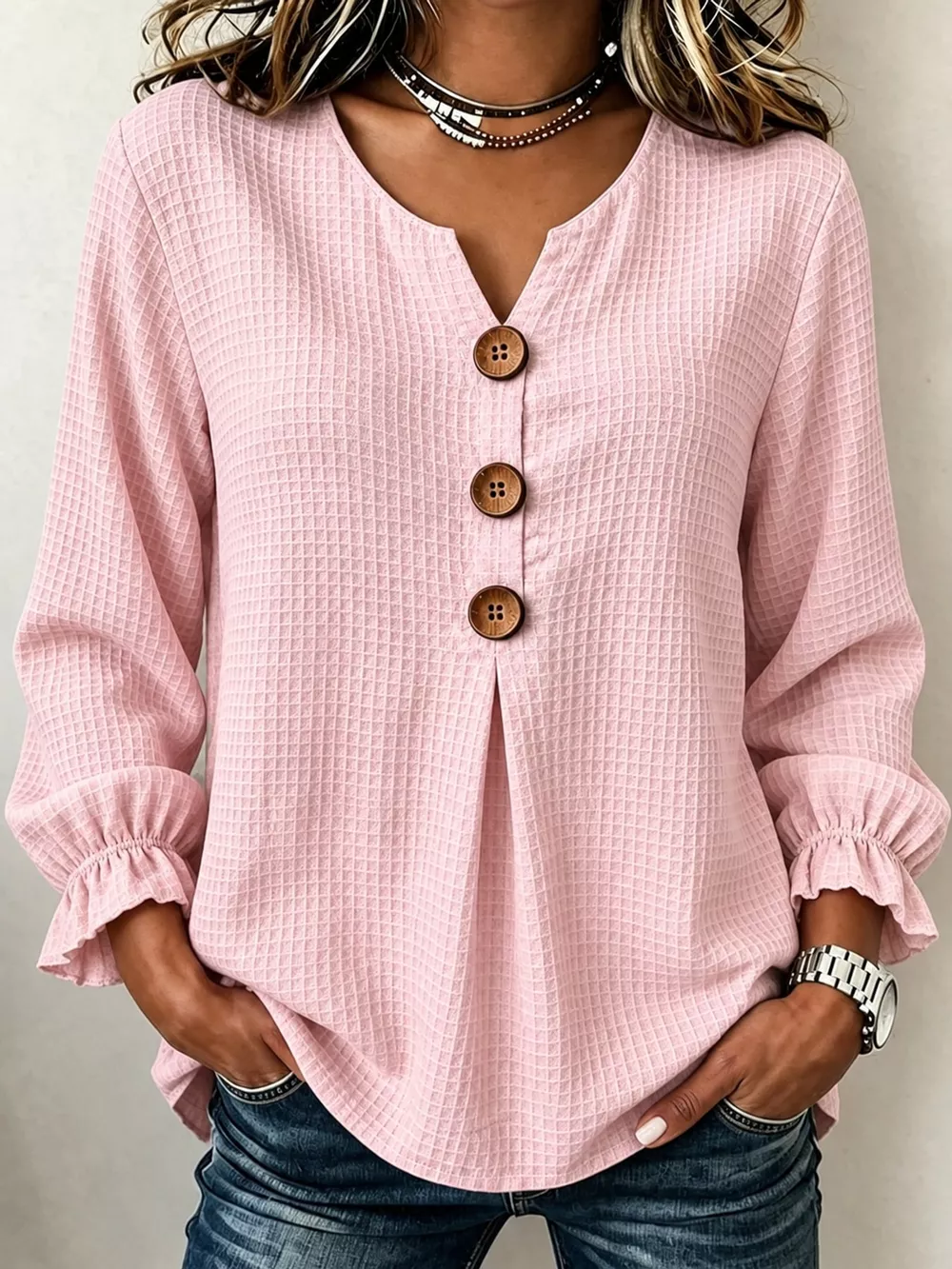 Full Size Waffle Knit Flounce Sleeve Blouse Plus Size