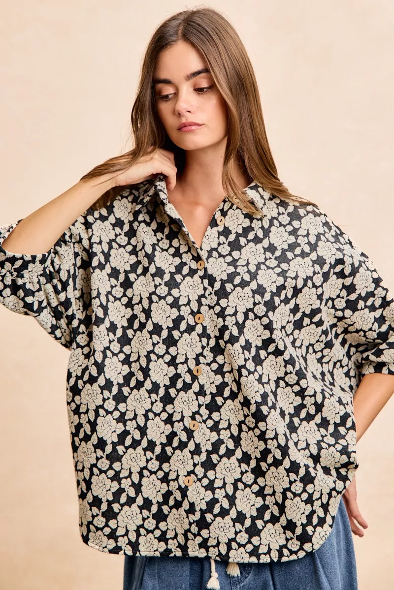 Floral Jacquard Short Dolman Sleeves Shirt, image 10