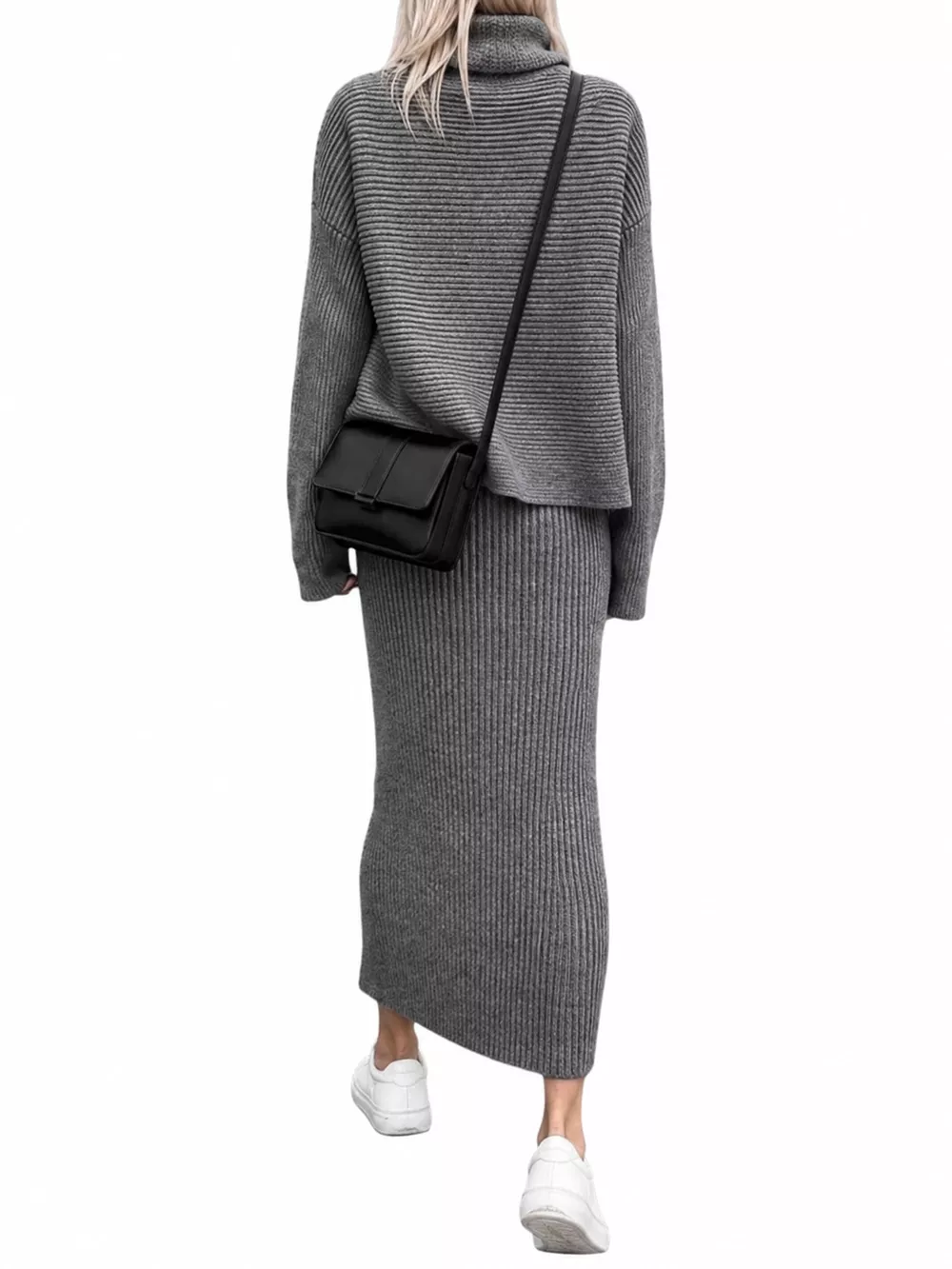 Ribbed Turtleneck Sweater Set with Matching Midi Skirt, image 4