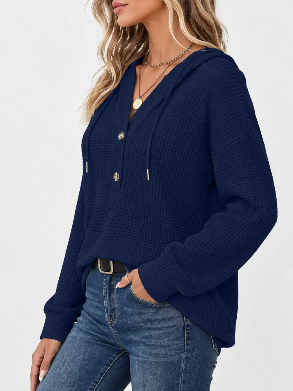 Full Size Waffle Knit Button Detail Hoodie Plus Size, image 20