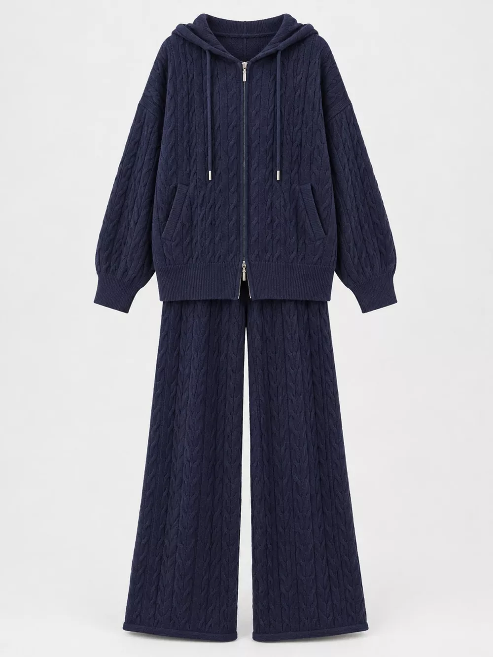 Cable Knit Zip-Up Hooded Cardigan and Wide-Leg Pants Sweater Set, image 18