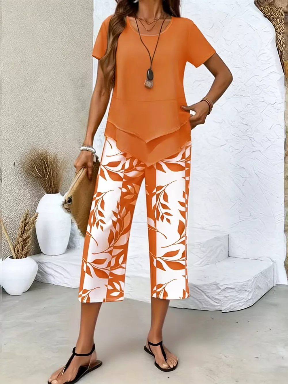 Layered Top and Leaf Print Cropped Pants Set, image 11