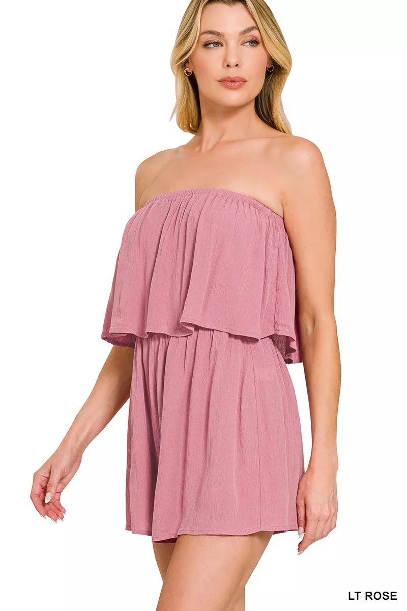 Woven Crinkle Strapless Rompers, image 8