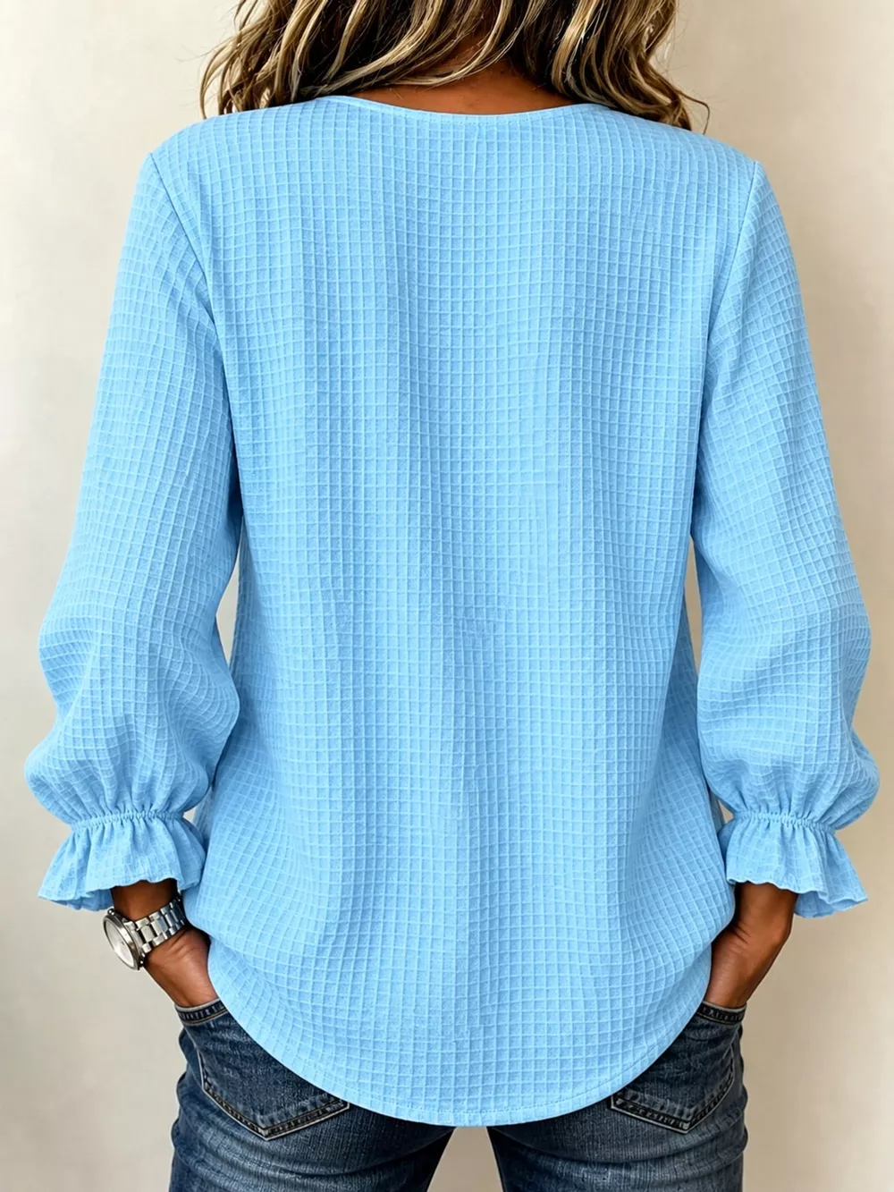 Full Size Waffle Knit Flounce Sleeve Blouse Plus Size, image 13