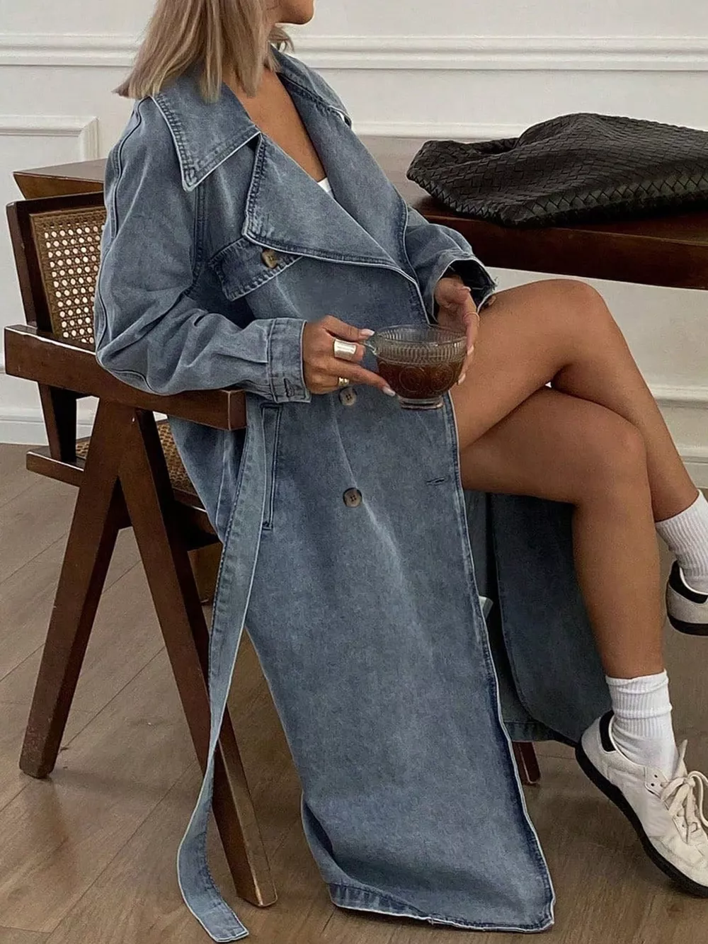 Vintage Washed Longline Denim Trench Jacket, image 5