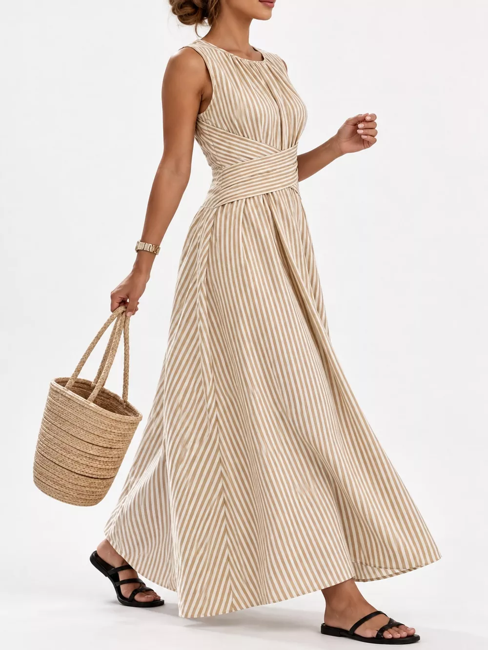 Full Size Sleeveless Striped Maxi Dress with Criss-Cross Waist Detail Plus Size, image 17