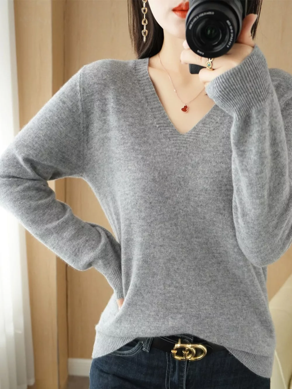 V-Neck Solid Color Sweater, image 53