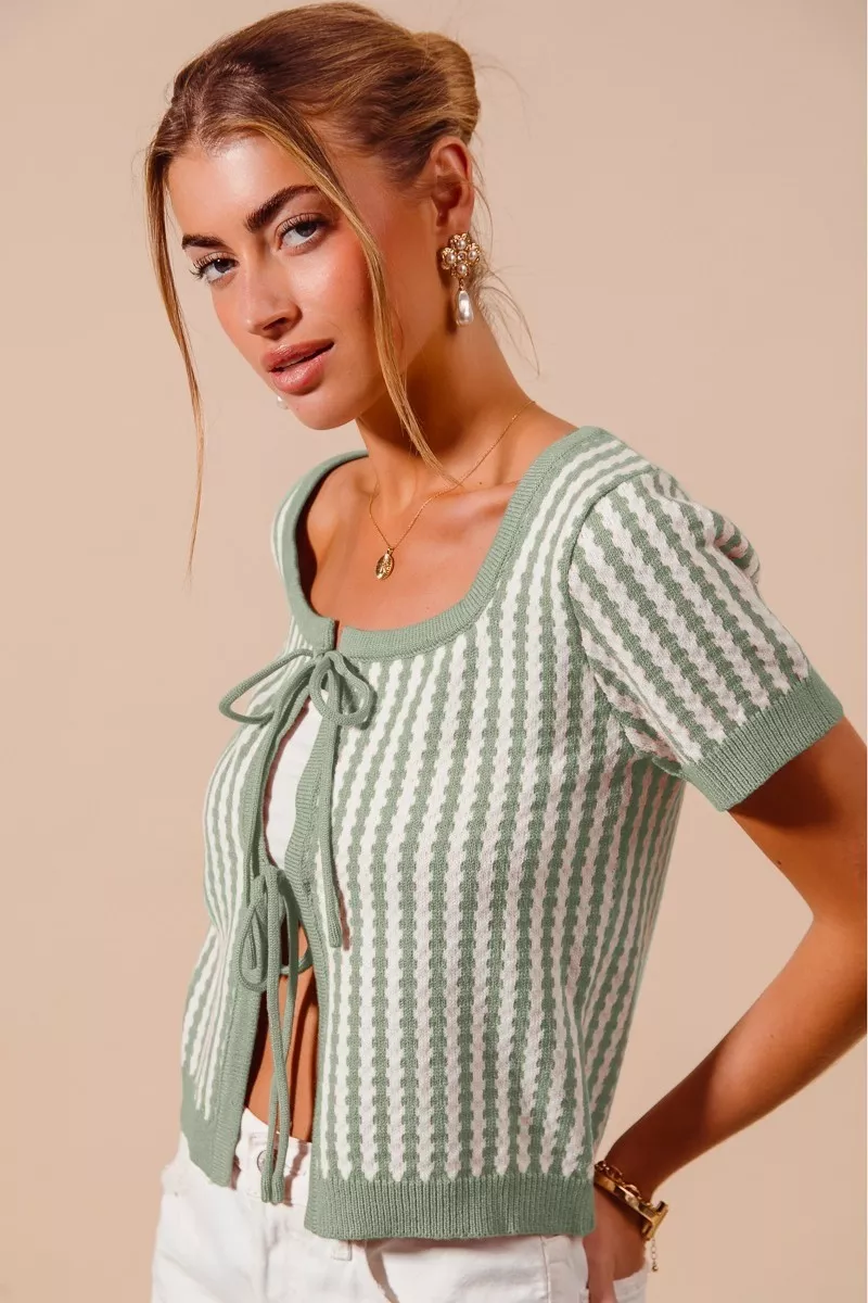 Tie Front Textured Vertical Stripe Knit Cardigan, image 2