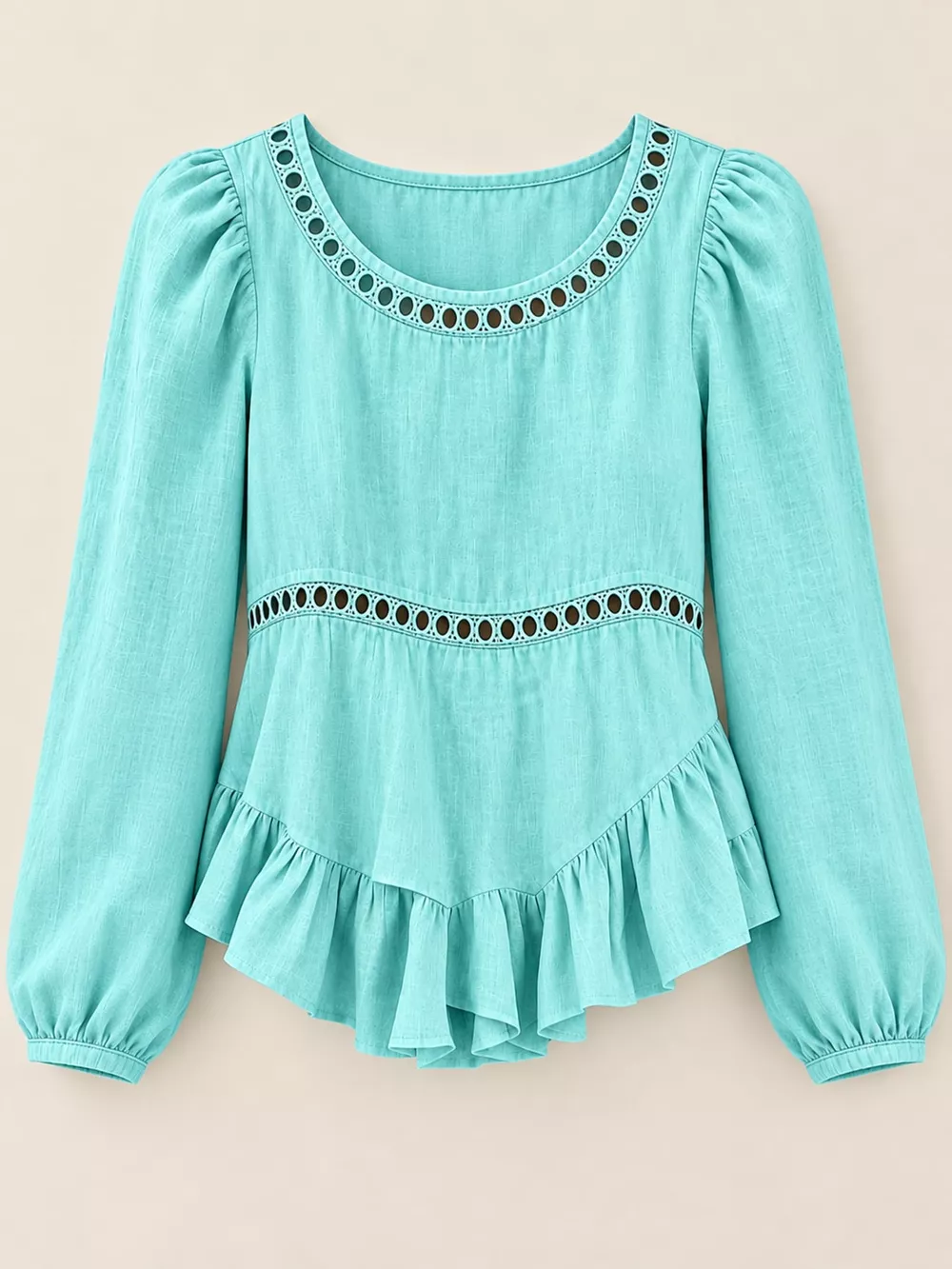 Long Sleeve Blouse with Eyelet Lace Trim and Ruffled Hem, image 8