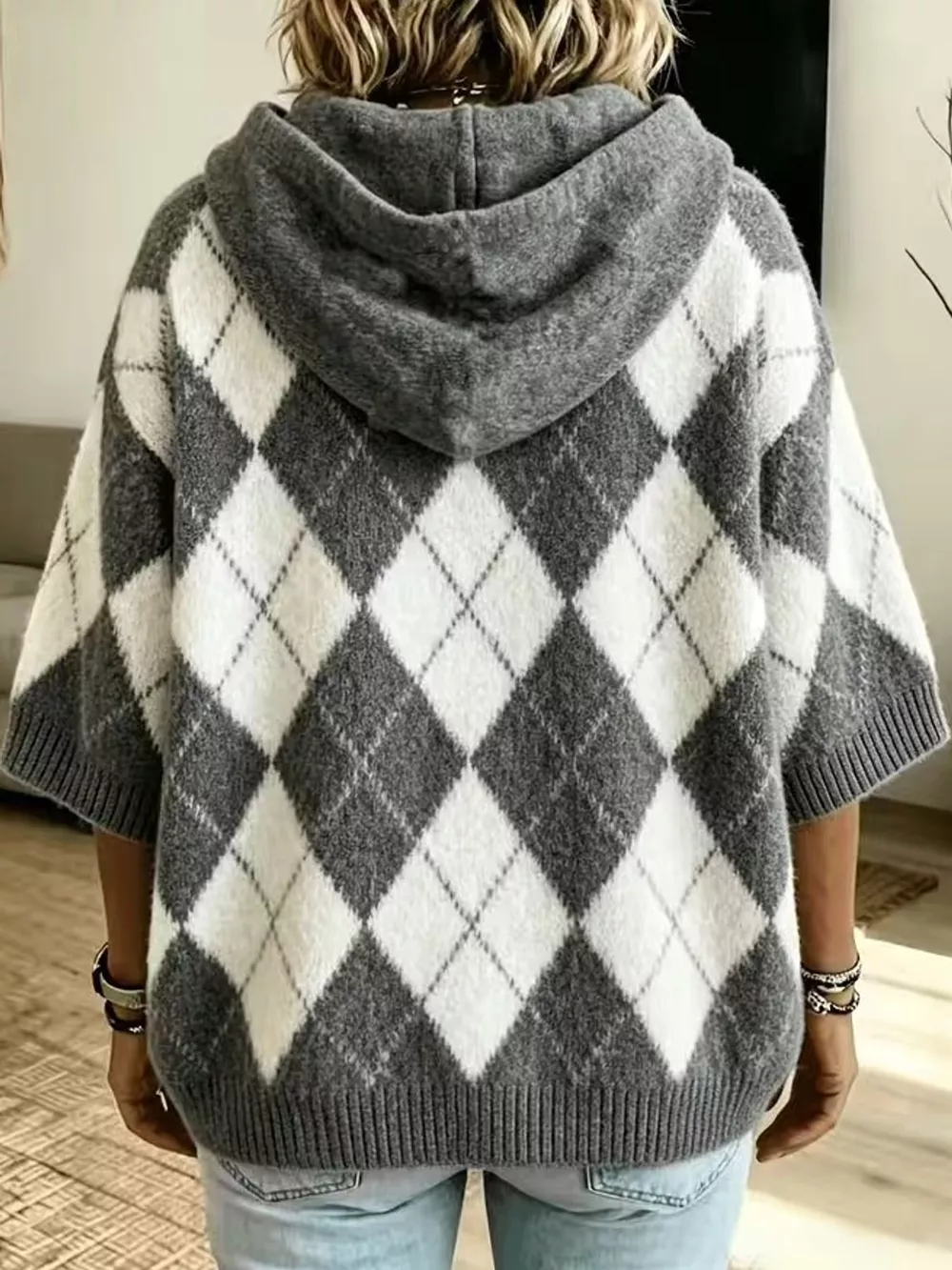 Full Size Argyle Pattern Hooded Sweater Plus Size, image 4