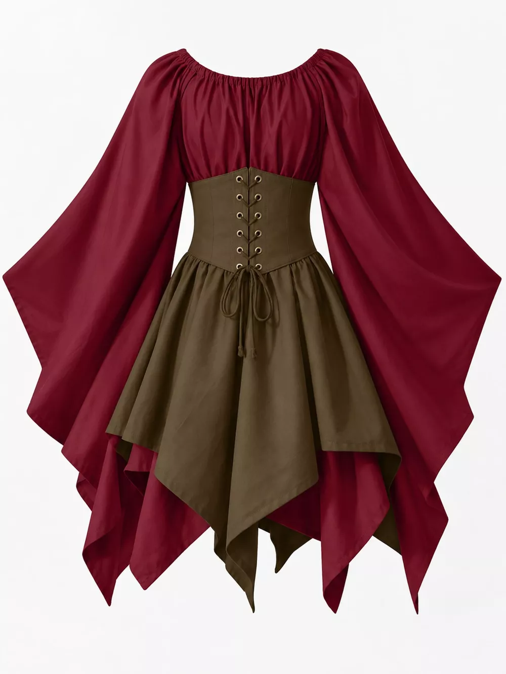 Full Size Lace-Up Flare Sleeve Irregular Hem Dress Plus Size, image 31