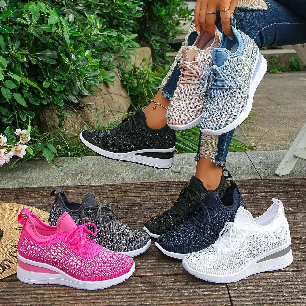 Breathable Mesh Rhinestone Wedge Athletic Sneakers, image 2