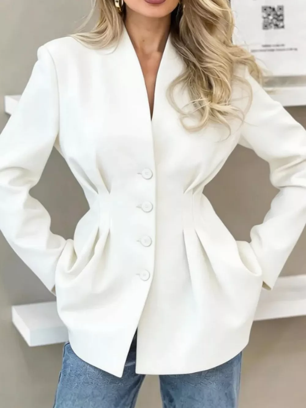 V-Neck Pleated Waist Slim-Fit Blazer, image 7