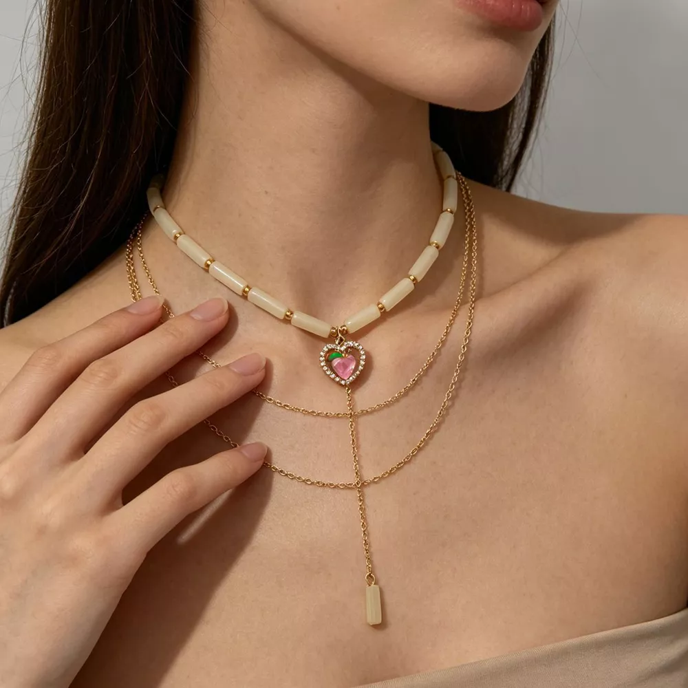 Layered Heart Pendant Necklace with Jade Beads, image 2