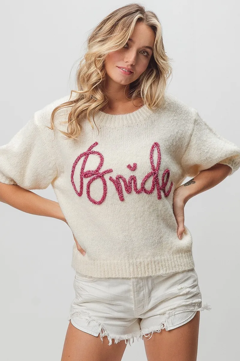 Metallic Letter Short Puff Sleeve Hairy Sweater, image 5