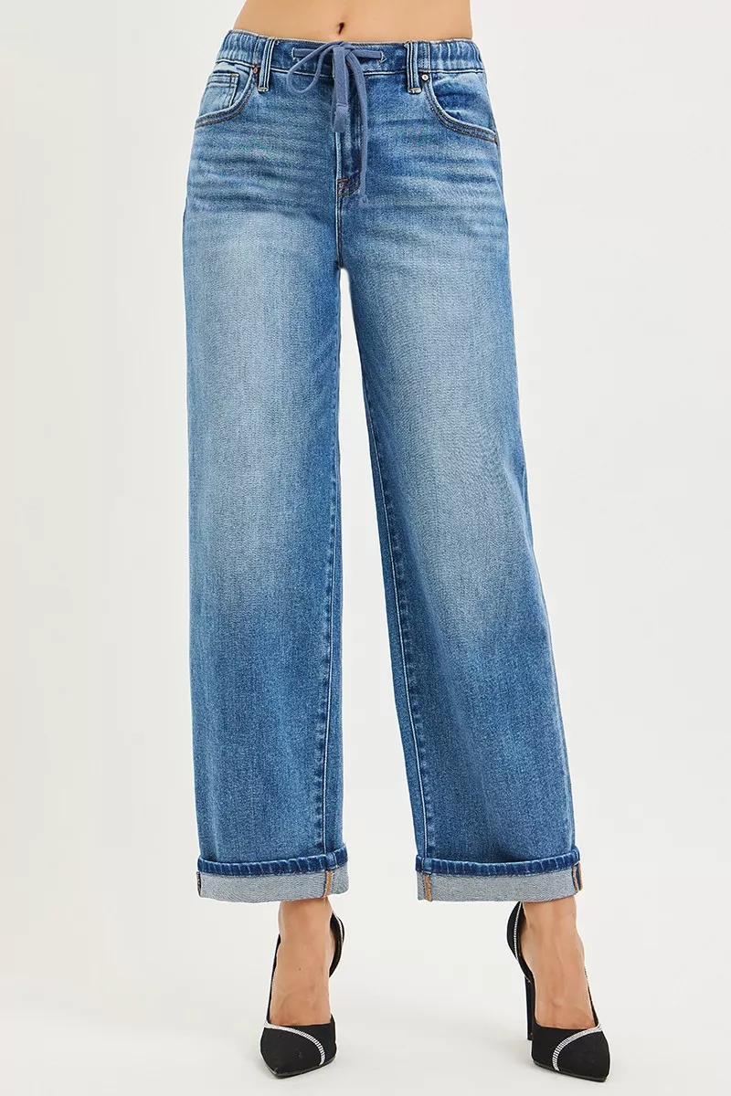 Elastic Band Slouch Ankle Boyfriend Cuffed Hem Jeans, image 5