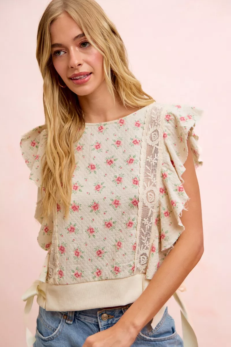 BiBi Flower Printed Ruffle Sleeve Trim Detail Top, image 41