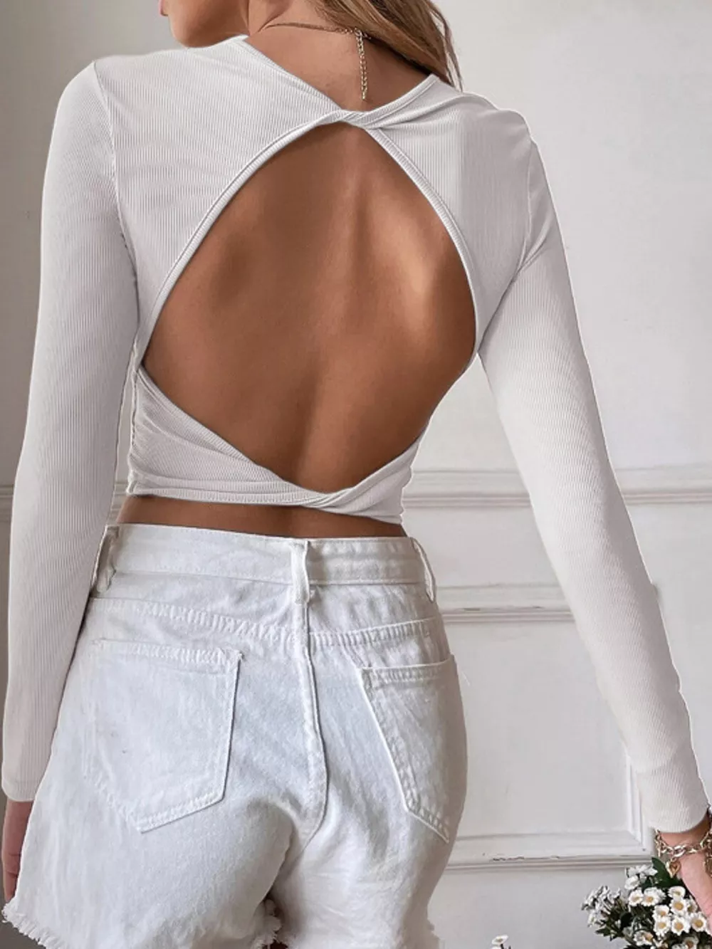Cutout Back Long Sleeve Crop T-Shirt, image 13
